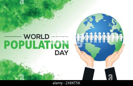 World Population Day watercolor template. Two hands holding earth, globe, and world map 3D vector illustration Stock Vector