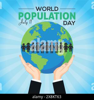 Two hands holding earth, globe vector illustration - World Population Day, 11th July Stock Vector