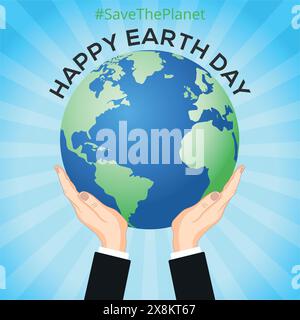 Happy Earth Day! Two hands holding earth, globe, world map 3D vector illustration Stock Vector