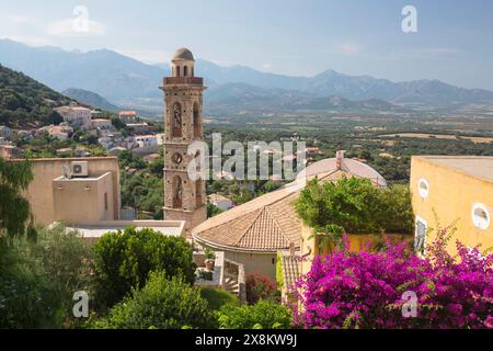 Lumio, Haute-Corse, Corsica, France. View over village rooftops, bell-tower of the Église Sainte-Marie prominent. Stock Photo