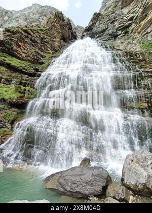 Horsetail waterfall view, Ordesa valley, Spain. Ordesa monte Perdido national park. Pyrenees landmark. Stock Photo