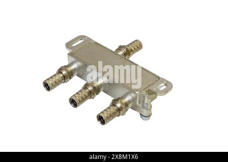 Coaxial connectors adapters and coaxial splitter isolated on white background. Stock Photo