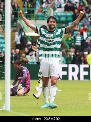 Charlie Mulgrew celebrates scoring the fourth goal for Celtic during the charity match at Celtic Park, Glasgow. Picture date: Sunday May 26, 2024. Stock Photo