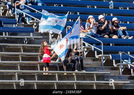 Bridgeview, Illinois, USA. 25th May, 2024. A general view of young fans with Chicago flags during pregame of NWSL Soccer match action between the Racing Louisville FC and Chicago Red Stars at SeatGeek Stadium in Bridgeview, Illinois. John Mersits/CSM/Alamy Live News Stock Photo