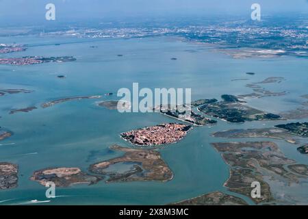 Italy, Veneto, venetian lagoon and Burano island, aerial view Stock Photo