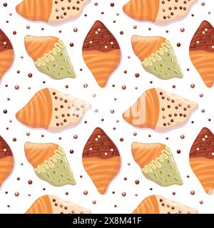Viral trendy flat croissants with black and white icing and green icing and pistachios. chocolate cream, crispy. Food vector Seamless pattern, cartoon Stock Vector