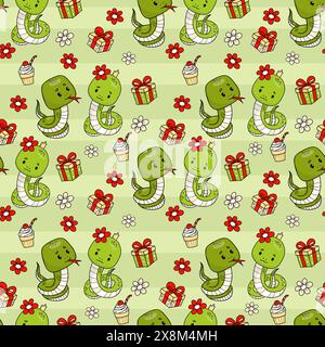 Seamless pattern with cute couple snakes, boy and princess girl on green background with gifts, sweets and flowers. Funny reptile animal character. Ve Stock Vector