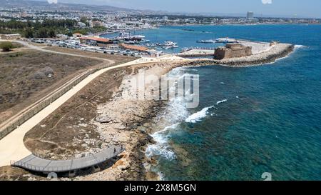 Aerial drone view of the coastal path and Paphos Fort,  Paphos, Cyprus Stock Photo