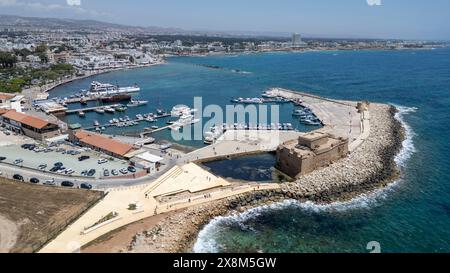 Aerial drone view of the coastal path and Paphos Fort,  Paphos, Cyprus Stock Photo