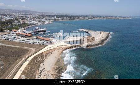 Aerial drone view of the coastal path and Paphos Fort,  Paphos, Cyprus Stock Photo