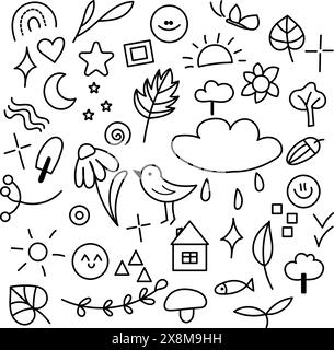 Cute set of doodles outline elements Stock Vector