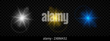 Light effect of lens flares. Set of three white, yellow and blue glowing lights starburst effects with sparkles on a transparent background. Vector il Stock Vector