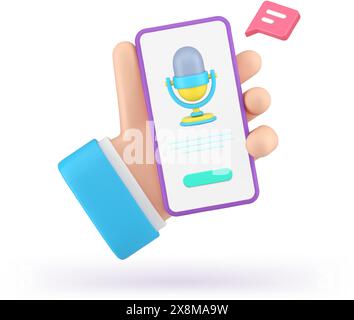 Voice message chat sound microphone online dialogue smartphone application realistic 3d icon vector illustration. Hand holding mobile phone internet s Stock Vector