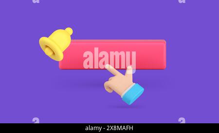 Subscribe button push business man hand ring bell internet alert web service click 3d icon realistic vector illustration. Cyberspace blog vlog follow Stock Vector