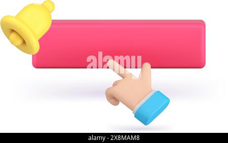 Subscribe button push business man hand ring bell internet alert web service click 3d icon realistic vector illustration. Cyberspace blog vlog follow Stock Vector