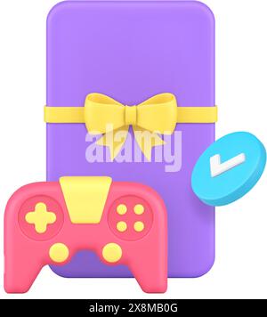 Esport tournament win gift virtual video gaming with gamepad and present 3d icon realistic vector illustration. Cyberspace game victory championship c Stock Vector