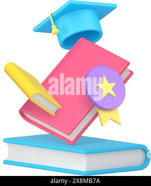 Education graduation academic learning knowledge achievement book cap and medal award 3d icon realistic vector illustration. School college university Stock Vector