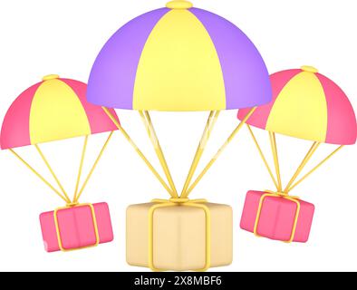 Air delivery service parcel shipment cardboard box with parachute 3d icon realistic vector illustration. Flying cargo package online shopping logistic Stock Vector