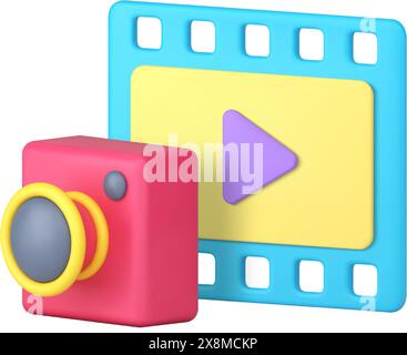 Multimedia content photo video camera player blog vlog social media streaming 3d icon realistic vector illustration. Digital entertainment image pictu Stock Vector