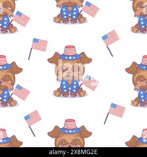 Seamless pattern with cartoon dog Yorkshire Terrier in patriotic hat and clothes with American flag on white background. Vector illustration for desig Stock Vector