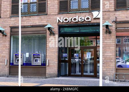 Modern building of the Danish bank Nordea. Bornholm, Denmark- May 25 Stock Photo