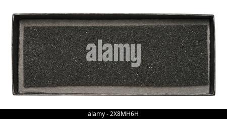 Open black rectangular box with foam inside on isolated background, top view Stock Photo