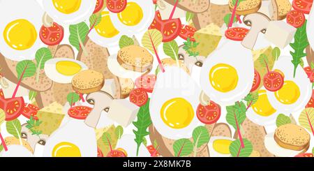 Sliced vegetables, egg, bread, greens, scrambled egg to create sandwiches. Appetizer food on white seamless pattern. Snacks. Healthy and tasty food id Stock Vector