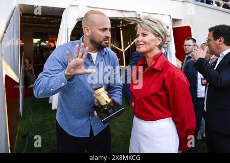 Antwerp, Belgium. 26th May, 2024. Het Laatste Nieuws' chef of football Niels Poissonnier and Ria Gheysens pictured before a soccer match between Royal Antwerp FC and RSC Anderlecht, Sunday 26 May 2024 in Antwerp, on the last day (10 out of 10) of the Champions' Play-offs of the 2023-2024 'Jupiler Pro League' first division of the Belgian championship. On the final day of the Belgian competition three teams still can become champions. BELGA PHOTO TOM GOYVAERTS Credit: Belga News Agency/Alamy Live News Stock Photo