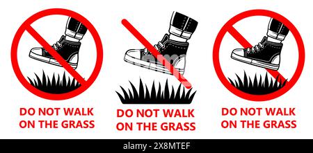Do not walk grass lawn, no allowed foot shoes step on garden green plant. Prohibition stand on park flowers. Forbidden legs on herb field icon set Stock Vector