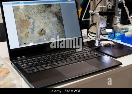 Optic machine for precise measurement of part size and quality evaluation. Smart factory.. Stock Photo