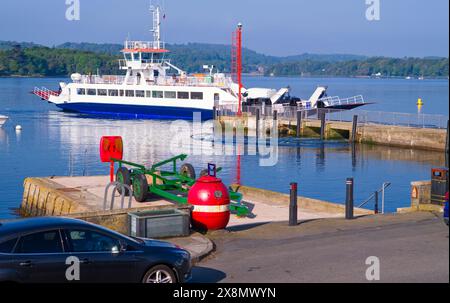 Car and passenger ferry leaving Portaferry for Strangford in Northern Ireland Stock Photo