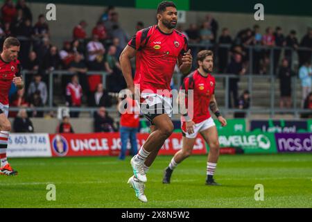 Salford, Manchester, UK. 26th May, 2024. Super League Rugby: Salford Red Devils Vs Wigan Warriors at Salford Community Stadium. KALLUM WATKINS pre game warm up.  Credit James Giblin/Alamy Live News. Stock Photo