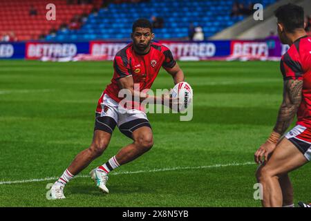 Salford, Manchester, UK. 26th May, 2024. Super League Rugby: Salford Red Devils Vs Wigan Warriors at Salford Community Stadium. KALLUM WATKINS pre game warm up. Credit James Giblin/Alamy Live News. Stock Photo