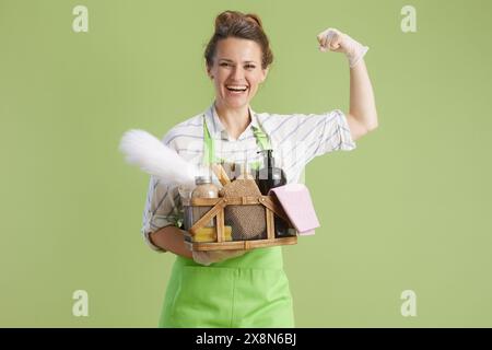 Spring cleaning. happy modern female in green apron and rubber gloves on green background with basket of eco cleaning products. Stock Photo