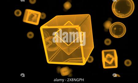 3D cubes rotating in virtual space. Design. Transparent cubes and round bubbles. Stock Photo