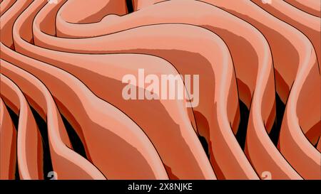 Background with folded textile layers levitating, 3D. Design. Orange cartoon style textile drapery. Stock Photo