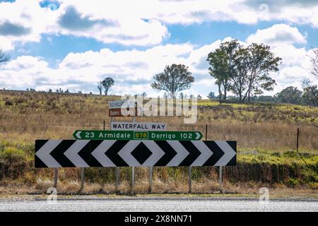 Waterfall Way road between Coffs Harbour and Armidale, road sign giving ...