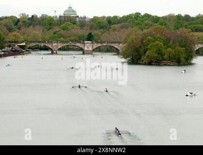 Rowers compete in time trials during the Manny Flick regatta series on the Schuylkill River in Philadelphia. Stock Photo