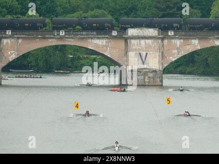 Rowers compete in the annual Stotesbury Cup Regatta, the country's largest high school event, on the Schuylkill River in Philadelphia. Stock Photo