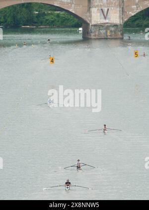 Rowers compete in the annual Stotesbury Cup Regatta, the country's largest high school event, on the Schuylkill River in Philadelphia. Stock Photo