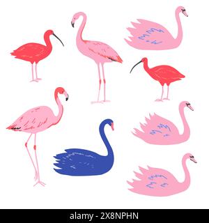 Set of pink flamingo and swans and red ibis in minimalistic style. Vector illustration. Stock Vector