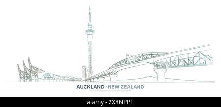 New Zealand cityscape line drawing vector. Auckland city scape sketch. sketch style landmark illustration. Stock Vector