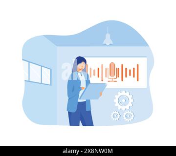 Personal online assistant. Office girl with laptop microphone dynamic icon, sound waves. Mobile app, web site concept for voice recognition landing pa Stock Vector