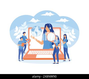 Concept customer service, hotline operator advises client for web page, banner, presentation, social media. Online global technical support. flat vect Stock Vector