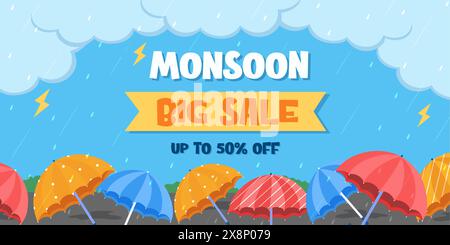 Colorful umbrellas monsoon season background, Monsoon Sale Poster. Monsoon Sale banner. Discount, Offers. monsoon season background. Vector Stock Vector