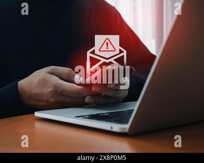 SMS spam and fake text message phishing from scammer concept. SMS hacked warning alert, email hack, scam malware spreading virus on message alert virt Stock Photo