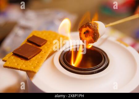 Making S'mores Over a Portable Campfire Stock Photo