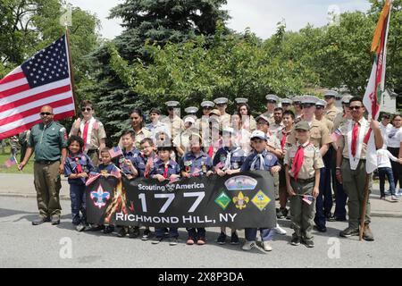 Honoring Our Veterans. 18th May, 2024. Forest Hills, New York, USA, May 18, 2024 - American Legion Continental Post #1424 leads the Forest Hills Memorial Day Weekend Parade, uniting the community in honoring our veterans. The event features a wreath-laying ceremony at the Remsen Family Cemetery to pay tribute to those who made the ultimate sacrifice. Credit: Giada Papini Rampelotto/EuropaNewswire Editorial Use Only. Not for Commercial USAGE!/dpa/Alamy Live News Stock Photo