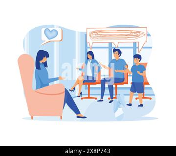 Psychotherapy. Family psychologist speaking with couple , family psychiatry concept. Treatment of kid stress, addictions and mental problems. flat vec Stock Vector