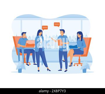 Work talk and discussion. People in office having business conversation with speech bubbles and digital devices in hands. flat vector modern illustrat Stock Vector